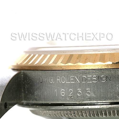 The image shows a close-up side view of the Rolex Datejust 16233 Men's Steel and Gold (two tone) Beige Dial 16233 Men's Steel and Gold (two tone) Beige Dial watch model, focusing on its case and bezel.
