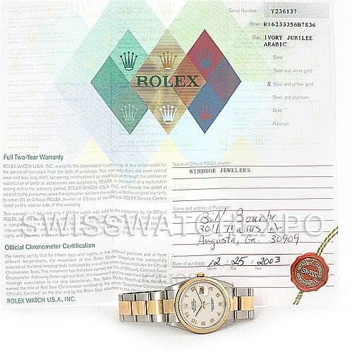 The image displays a Rolex Datejust 16233 Men's Steel and Gold (two tone) Beige Dial 16233 Men's Steel and Gold (two tone) Beige Dial watch with its warranty papers and official chronometer certification in the background.