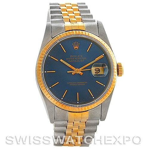 This image shows a Rolex Datejust 16233 Men's Steel and Gold (two tone) Blue Dial 16233 Men's Steel and Gold (two tone) Blue Dial watch from a front angle, highlighting the dial, bezel, and two-tone bracelet.