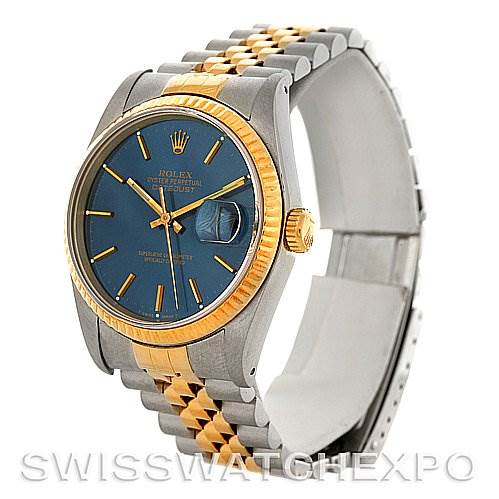This image shows a side-perspective of a Rolex Datejust 16233 Men's Steel and Gold (two tone) Blue Dial 16233 Men's Steel and Gold (two tone) Blue Dial watch, highlighting the dial, crown, bezel, and bracelet.