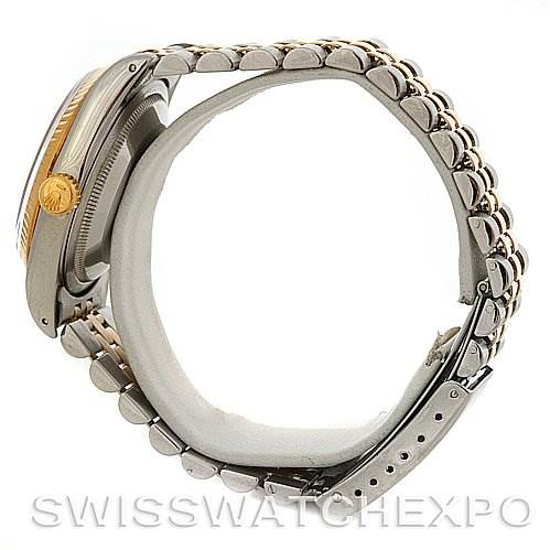 This image shows a side view of a Rolex Datejust 16233 Men's Steel and Gold (two tone) Blue Dial 16233 Men's Steel and Gold (two tone) Blue Dial watch, highlighting the bracelet, crown, and side profile of the case.