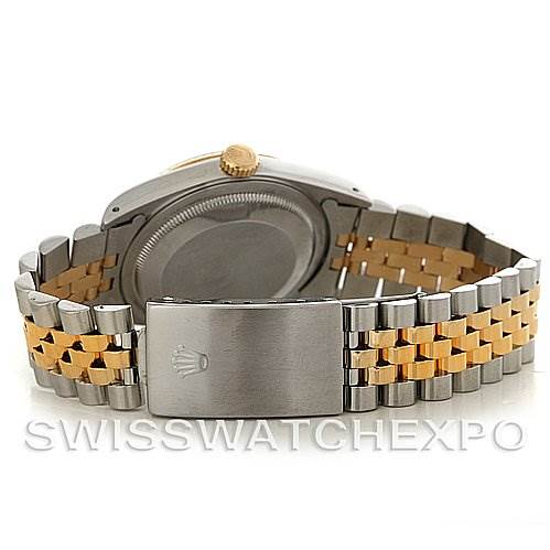 This image shows the back view and bracelet of a Rolex Datejust 16233 Men's Steel and Gold (two tone) Blue Dial 16233 Men's Steel and Gold (two tone) Blue Dial watch, highlighting its two-tone metal design.