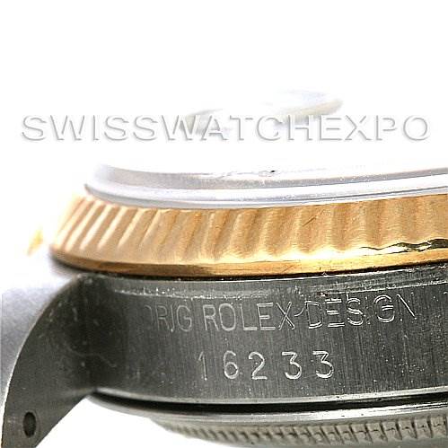 This image shows a close-up side view of the bezel, case, and engraved model number (16233) of the Rolex Datejust 16233 Men's Steel and Gold (two tone) Blue Dial 16233 Men's Steel and Gold (two tone) Blue Dial watch.