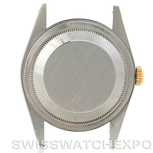 This image shows the back and crown of the Rolex Datejust 16233 Men's Steel and Gold (two tone) Blue Dial 16233 Men's Steel and Gold (two tone) Blue Dial model watch case from a top-down angle.