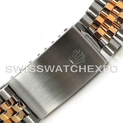 This image shows a close-up of the clasp and bracelet of a Rolex Datejust 16233 Men's Steel and Gold (two tone) Blue Dial 16233 Men's Steel and Gold (two tone) Blue Dial model watch.