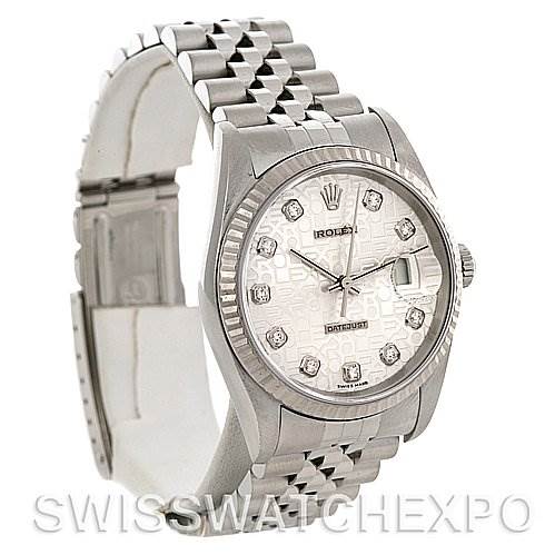 The image shows a Rolex Datejust 16234 Men's Stainless Steel Silver Dial 16234 Men's Stainless Steel Silver Dial watch from an angled front view, highlighting its dial, bracelet, and clasp.