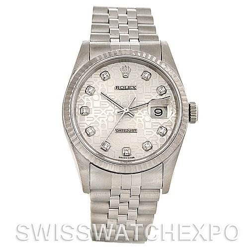 This image shows a front view of a Rolex Datejust 16234 Men's Stainless Steel Silver Dial 16234 Men's Stainless Steel Silver Dial watch, featuring its dial, bezel, crown, and bracelet.