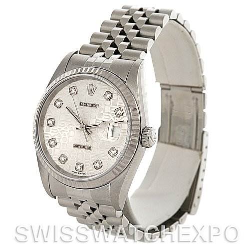 This image shows a Rolex Datejust 16234 Men's Stainless Steel Silver Dial 16234 Men's Stainless Steel Silver Dial watch from a front three-quarter angle, showcasing the dial, bezel, and bracelet.