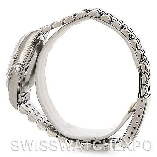 The Rolex Datejust 16234 Men's Stainless Steel Silver Dial 16234 Men's Stainless Steel Silver Dial watch is shown from the side, highlighting its case, bezel, crown, and bracelet.