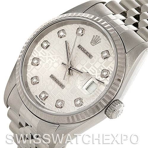 The image shows a Rolex Datejust 16234 Men's Stainless Steel Silver Dial 16234 Men's Stainless Steel Silver Dial watch from an angled front perspective, displaying the dial, bezel, crown, and part of the bracelet.