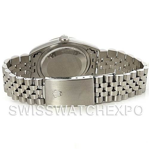 This image shows the back of a Rolex Datejust 16234 Men's Stainless Steel Silver Dial 16234 Men's Stainless Steel Silver Dial watch and its stainless steel bracelet with a Jubilee link design.