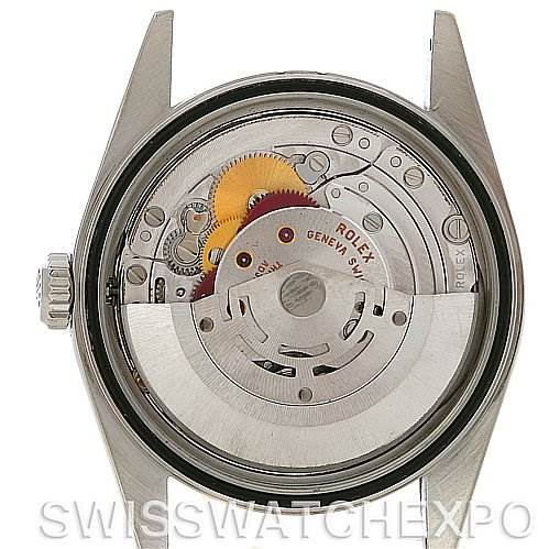 This image displays the back case of a Rolex Datejust 16234 Men's Stainless Steel Silver Dial 16234 Men's Stainless Steel Silver Dial watch, revealing its intricate internal mechanism and movement parts.