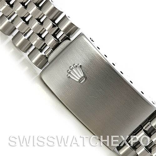 The image shows a close-up of the clasp and part of the bracelet of a Rolex Datejust 16234 Men's Stainless Steel Silver Dial 16234 Men's Stainless Steel Silver Dial watch, featuring the Rolex crown logo.