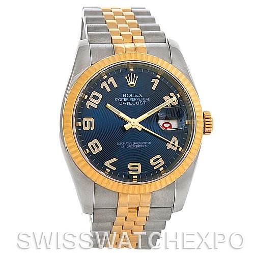 The image shows a Rolex Datejust 116233 Men
s Stainless Steel Blue Dial 116233 Men
s Stainless Steel Blue Dial watch from a front angle, highlighting the face, bezel, crown, and bracelet.