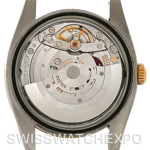 This image shows the back view of a Rolex Datejust 116233 Men
s Stainless Steel Blue Dial 116233 Men
s Stainless Steel Blue Dial watch, revealing its internal mechanical movement.