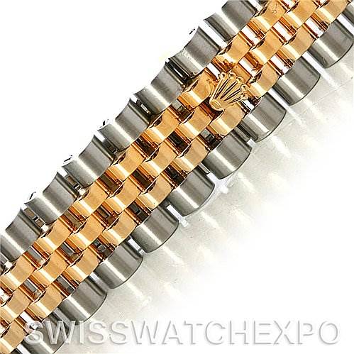 This image shows a close-up of the bracelet for a Rolex Datejust 116233 Men
s Stainless Steel Blue Dial 116233 Men
s Stainless Steel Blue Dial model, highlighting its two-tone metal links and the Rolex crown logo.