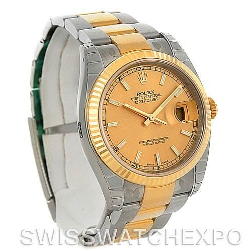 This image shows a frontal view of a Rolex Datejust 116233 Men
s Stainless Steel Champagne Dial 116233 Men
s Stainless Steel Champagne Dial watch, highlighting its two-tone gold and silver bracelet, gold bezel, and face.