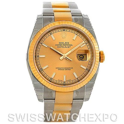This image shows a front view of a Rolex Datejust 116233 Men
s Stainless Steel Champagne Dial 116233 Men
s Stainless Steel Champagne Dial watch with a two-tone gold and silver bracelet and gold dial.