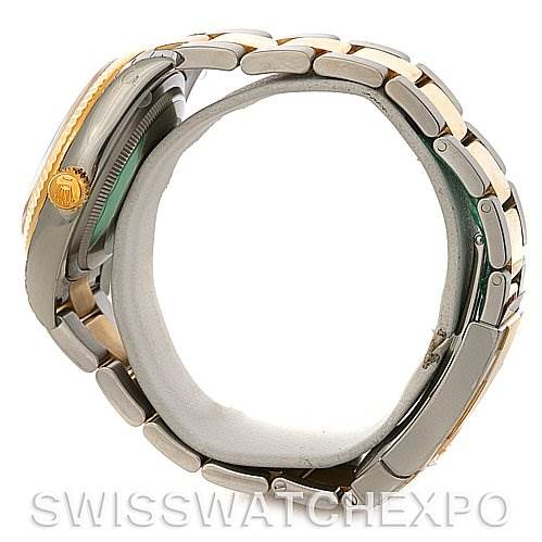 This side view shows the bracelet and crown of the Rolex Datejust 116233 Men
s Stainless Steel Champagne Dial 116233 Men
s Stainless Steel Champagne Dial watch.