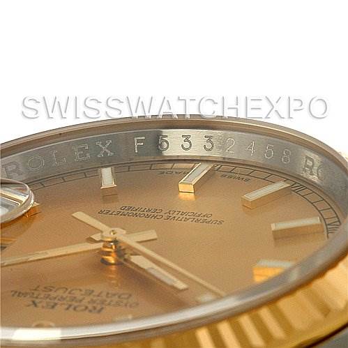 This image shows a close-up of the Rolex Datejust 116233 Men
s Stainless Steel Champagne Dial 116233 Men
s Stainless Steel Champagne Dial
s dial, part of the bezel, and the inner rim with the serial number visible.