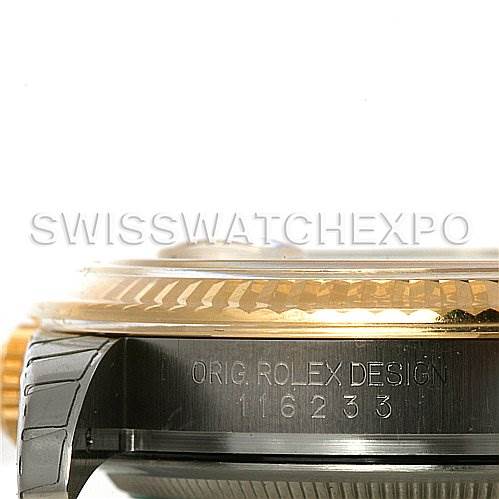 The image shows a close-up of the side of a Rolex Datejust 116233 Men
s Stainless Steel Champagne Dial 116233 Men
s Stainless Steel Champagne Dial watch, highlighting the model number and part of the bezel.