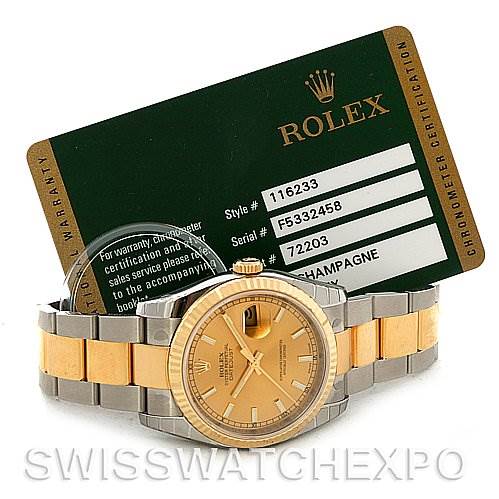 The image shows a Rolex Datejust 116233 Men
s Stainless Steel Champagne Dial 116233 Men
s Stainless Steel Champagne Dial watch at a front angle with a certification card displayed behind it.