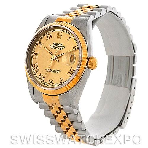 This image shows a Rolex Datejust 16233 Men's Steel and Gold (two tone) Champagne Dial 16233 Men's Steel and Gold (two tone) Champagne Dial watch at a three-quarter angle, highlighting its gold and silver bracelet and champagne-colored dial.