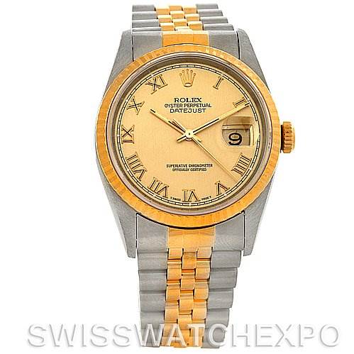 The image shows a Rolex Datejust 16233 Men's Steel and Gold (two tone) Champagne Dial 16233 Men's Steel and Gold (two tone) Champagne Dial watch from the front, displaying the dial, hands, date window, bezel, and two-tone bracelet.