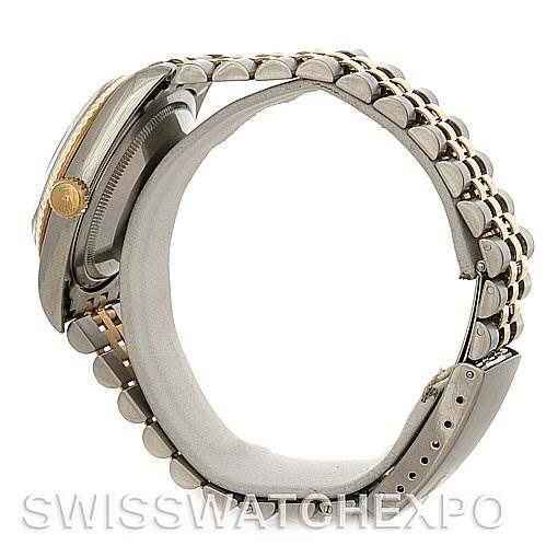 This side view image of the Rolex Datejust 16233 Men's Steel and Gold (two tone) Champagne Dial 16233 Men's Steel and Gold (two tone) Champagne Dial shows the watch case, crown, and oyster bracelet.