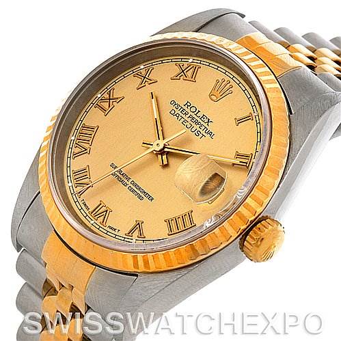 The image shows a Rolex Datejust 16233 Men's Steel and Gold (two tone) Champagne Dial 16233 Men's Steel and Gold (two tone) Champagne Dial watch at a slight angle, highlighting the gold dial, fluted bezel, two-tone bracelet, and crown.