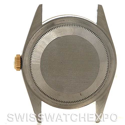 The image shows the case back and crown of a Rolex Datejust 16233 Men's Steel and Gold (two tone) Champagne Dial 16233 Men's Steel and Gold (two tone) Champagne Dial watch from a rear angle.