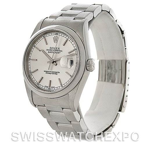 This image features a Rolex Datejust 16200 Men's Stainless Steel Silver Dial 16200 Men's Stainless Steel Silver Dial watch angled to show its dial, bezel, crown, and bracelet.