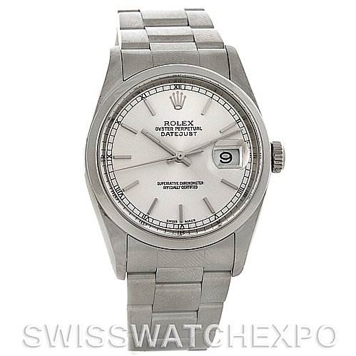 The image shows a Rolex Datejust 16200 Men's Stainless Steel Silver Dial 16200 Men's Stainless Steel Silver Dial watch from a straight-on angle, highlighting the face, bracelet, hands, and date window.