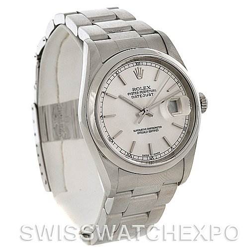 The image shows a front and slightly angled view of a Rolex Datejust 16200 Men's Stainless Steel Silver Dial 16200 Men's Stainless Steel Silver Dial watch, highlighting the dial, bezel, and bracelet.
