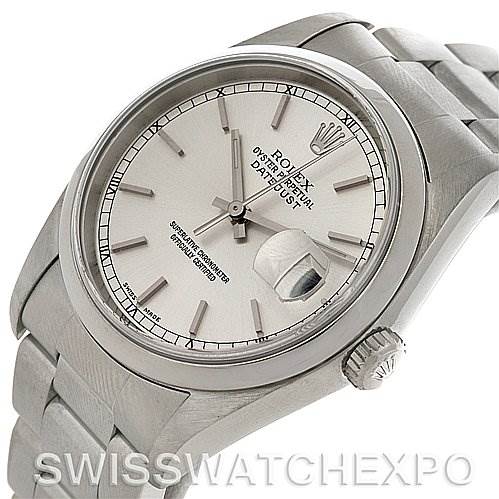 The image shows a Rolex Datejust 16200 Men's Stainless Steel Silver Dial 16200 Men's Stainless Steel Silver Dial watch from an angled top view, highlighting the face, bezel, crown, and part of the bracelet.