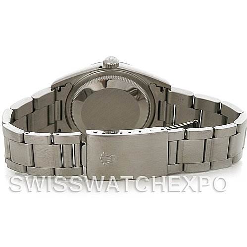 The image shows the back view of a Rolex Datejust 16200 Men's Stainless Steel Silver Dial 16200 Men's Stainless Steel Silver Dial watch, highlighting the case back, crown, and bracelet with a clasp.