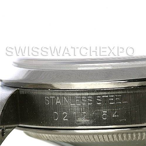 The image shows a close-up side view of a Rolex Datejust 16200 Men's Stainless Steel Silver Dial 16200 Men's Stainless Steel Silver Dial watch, focusing on the stainless steel case with visible engravings.
