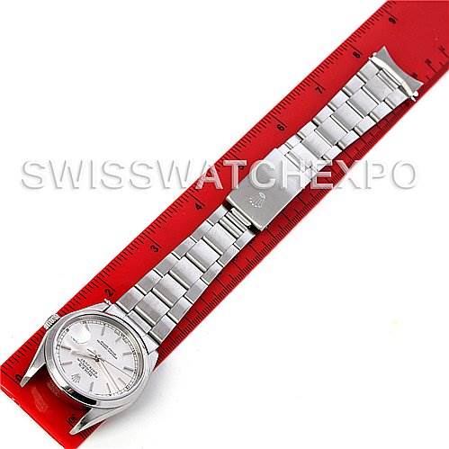 This image shows a top-down view of a Rolex Datejust 16200 Men's Stainless Steel Silver Dial 16200 Men's Stainless Steel Silver Dial watch, including its face and fully extended metal bracelet.