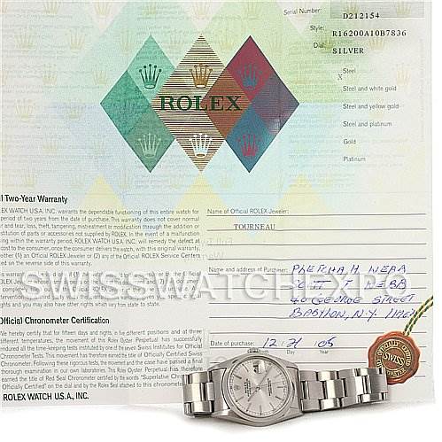 The image shows a Rolex Datejust 16200 Men's Stainless Steel Silver Dial 16200 Men's Stainless Steel Silver Dial watch from a front angle, accompanied by its warranty and certification documents.