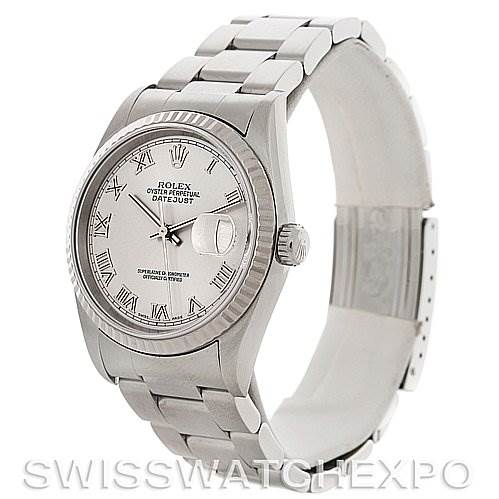 This image shows a Rolex Datejust 16234 Men's Stainless Steel Grey Dial 16234 Men's Stainless Steel Grey Dial model watch from an angled side view, featuring its bracelet, bezel, and dial.