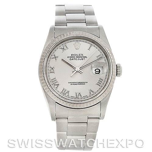 This image shows a front view of a Rolex Datejust 16234 Men's Stainless Steel Grey Dial 16234 Men's Stainless Steel Grey Dial watch, detailing the dial, hands, date window, and bracelet.