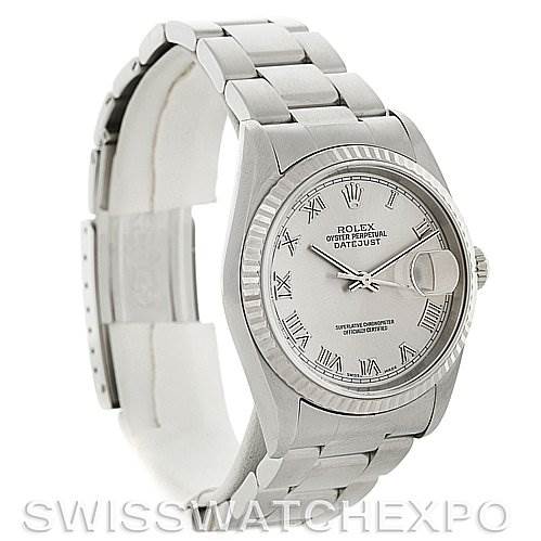 This Rolex Datejust 16234 Men's Stainless Steel Grey Dial 16234 Men's Stainless Steel Grey Dial watch is shown at an angle highlighting the face, band, and side profile.