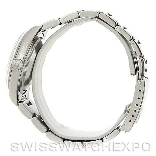 The image shows a side view of the Rolex Datejust 16234 Men's Stainless Steel Grey Dial 16234 Men's Stainless Steel Grey Dial watch, highlighting the bracelet, crown, and case.