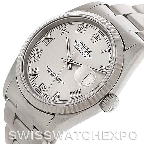 The image shows a Rolex Datejust 16234 Men's Stainless Steel Grey Dial 16234 Men's Stainless Steel Grey Dial watch from an oblique angle, highlighting the dial, bezel, crown, and parts of the bracelet.
