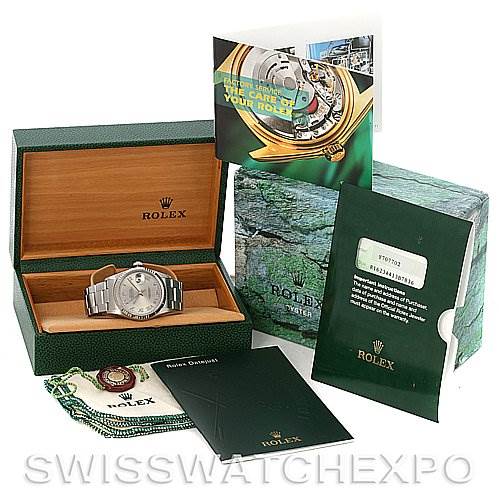 The image shows a Rolex Datejust 16234 Men's Stainless Steel Grey Dial 16234 Men's Stainless Steel Grey Dial watch in its box, along with manuals, a green cardholder, and additional documents.