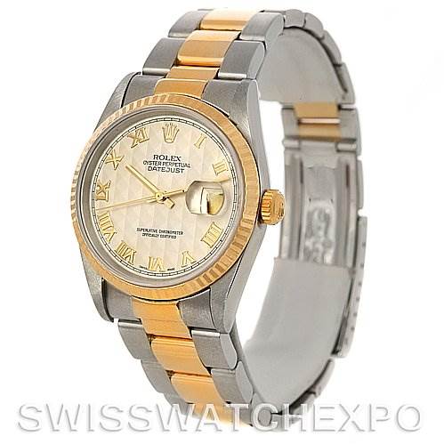 The image shows a Rolex Datejust 16233 Men's Steel and Gold (two tone) Beige Dial 16233 Men's Steel and Gold (two tone) Beige Dial watch angled to display the face, bracelet, and clasp, highlighting its two-tone metal design.