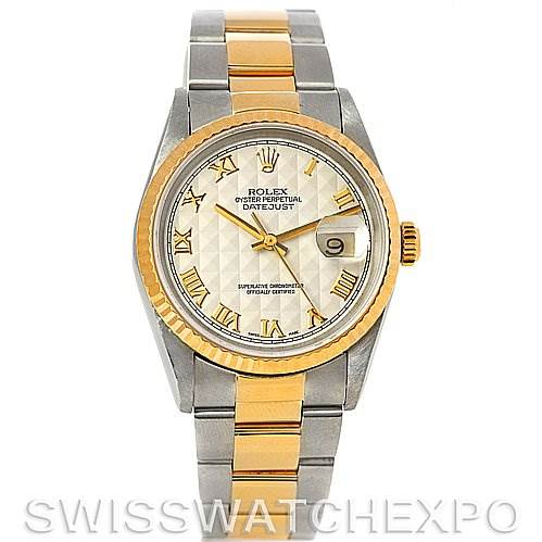 The image shows a Rolex Datejust 16233 Men's Steel and Gold (two tone) Beige Dial 16233 Men's Steel and Gold (two tone) Beige Dial watch from the front, highlighting its two-tone bracelet, gold bezel, and Roman numeral dial.