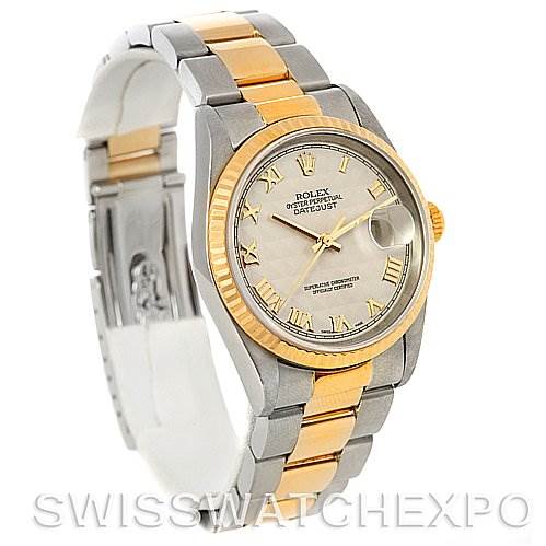 The image shows a Rolex Datejust 16233 Men's Steel and Gold (two tone) Beige Dial 16233 Men's Steel and Gold (two tone) Beige Dial model watch at a three-quarter angle, highlighting its two-tone bracelet, bezel, and dial.