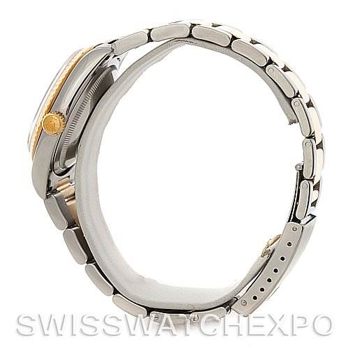 The image shows a side profile of a Rolex Datejust 16233 Men's Steel and Gold (two tone) Beige Dial 16233 Men's Steel and Gold (two tone) Beige Dial watch, highlighting the bracelet and case.