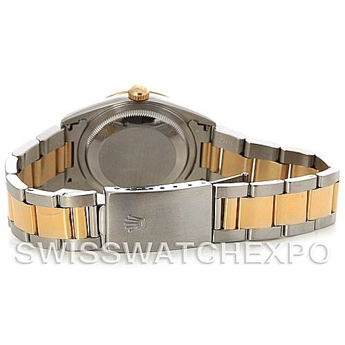 The image shows the back view of a Rolex Datejust 16233 Men's Steel and Gold (two tone) Beige Dial 16233 Men's Steel and Gold (two tone) Beige Dial watch, highlighting the case back and two-tone metal bracelet.